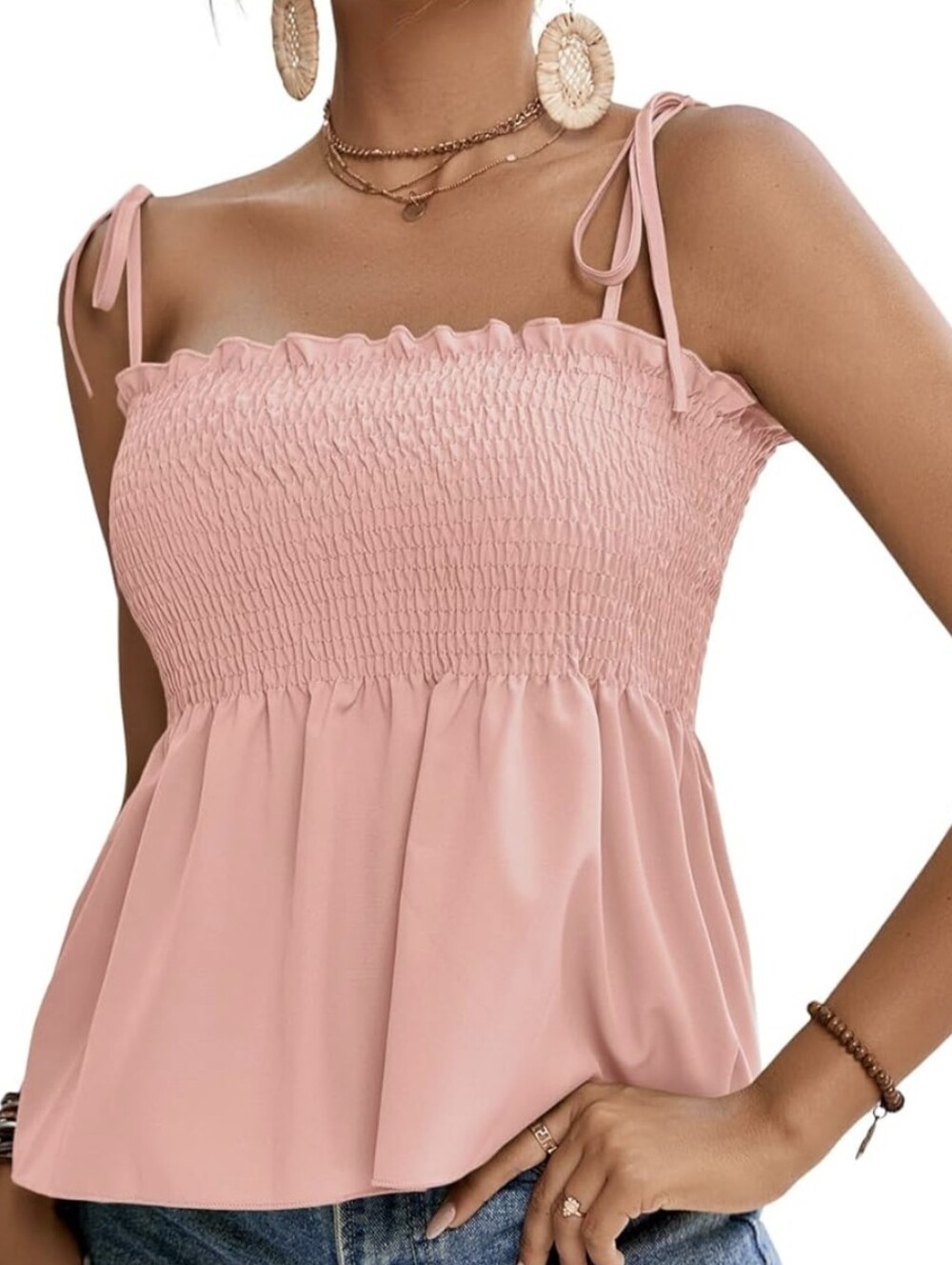 LYANER Women's Tie Shoulder Cami Blouse Shirred Ruffle Hem Sleeveles XL NWOT